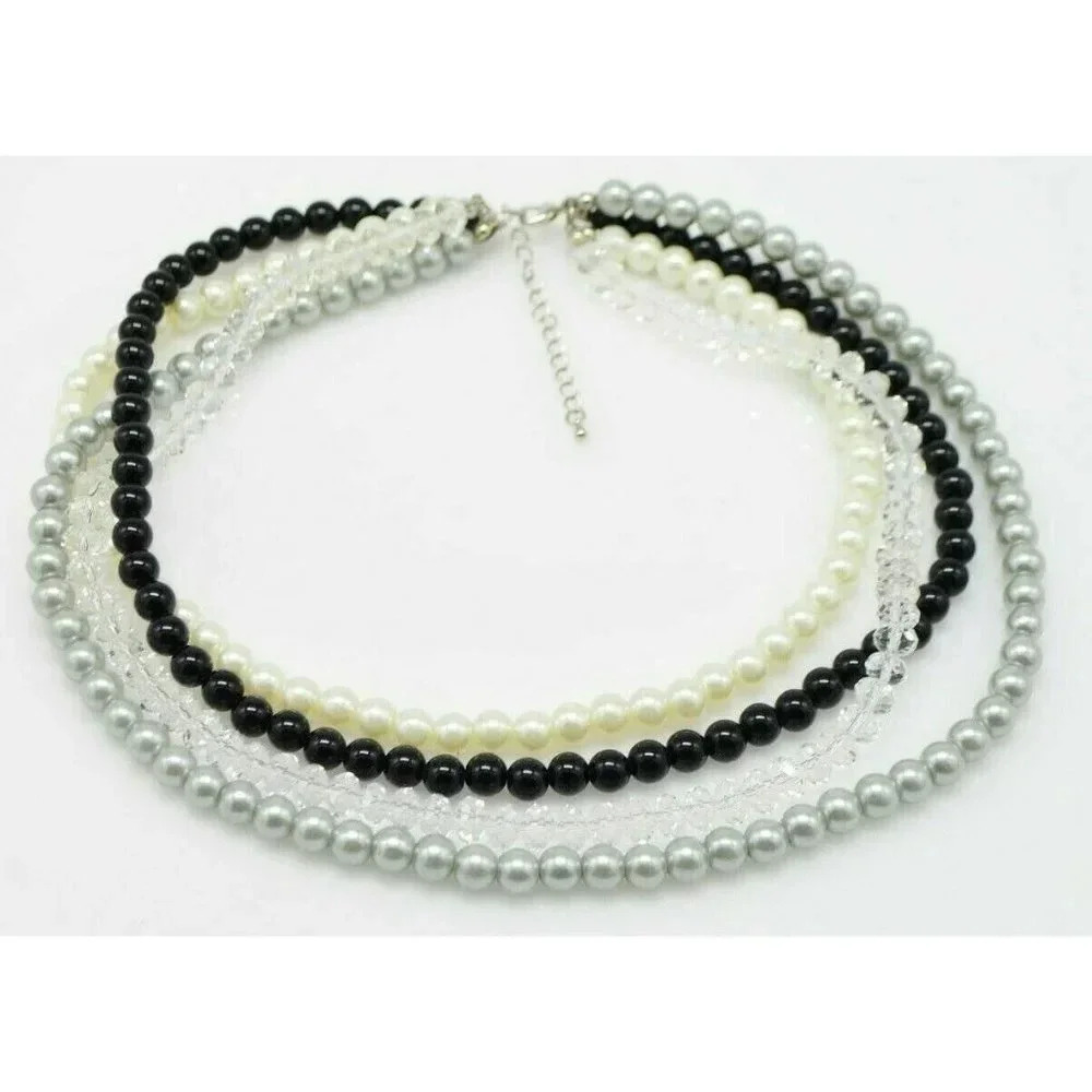 Black Silver Beige Faux Pearl Clear Crystal Bead Beaded Choker Necklace